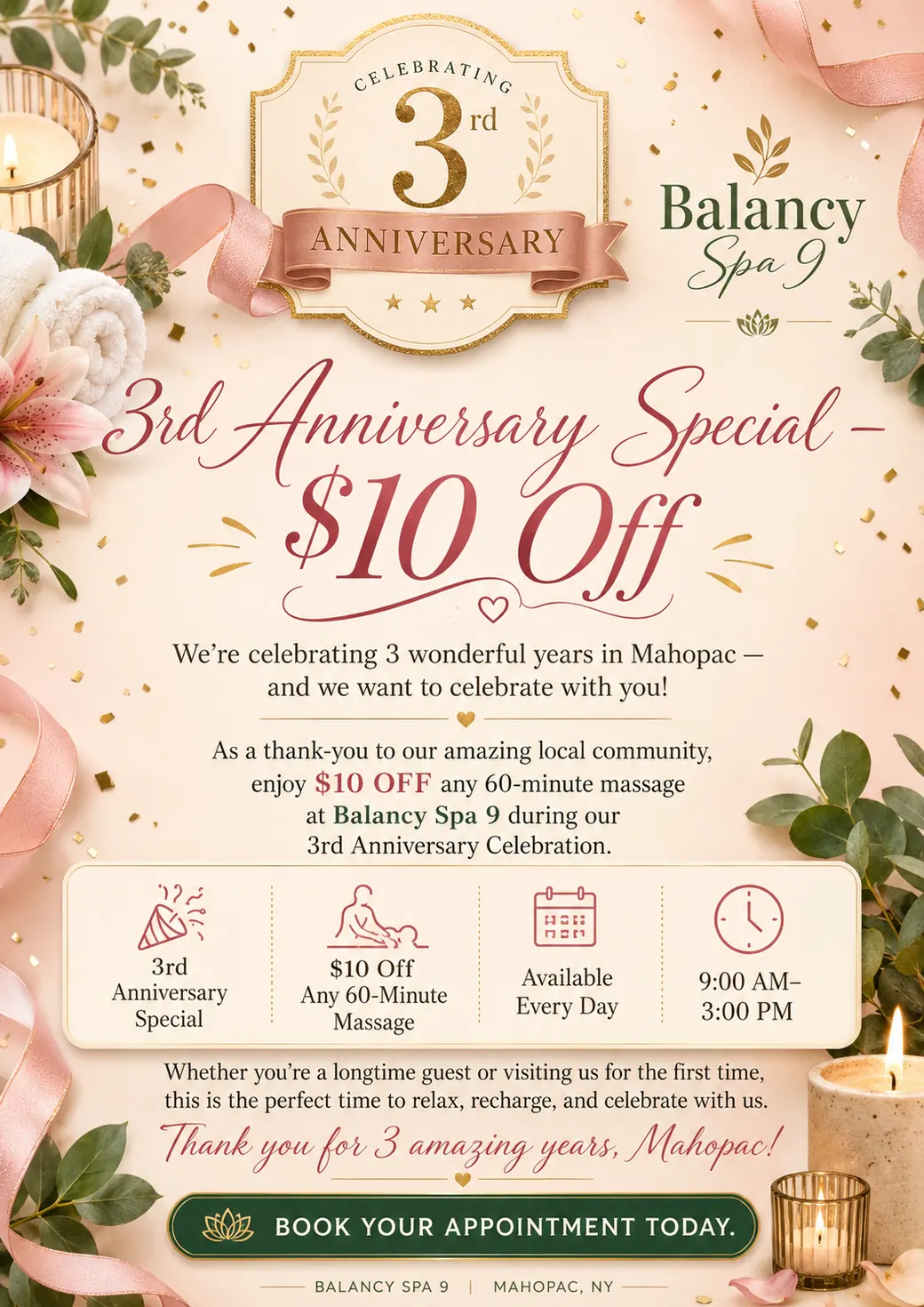 Balancy Spa 9 3rd Anniversary Special poster — $10 off any 60-minute massage, available every day 9:00 AM to 3:00 PM through September 30, 2026
